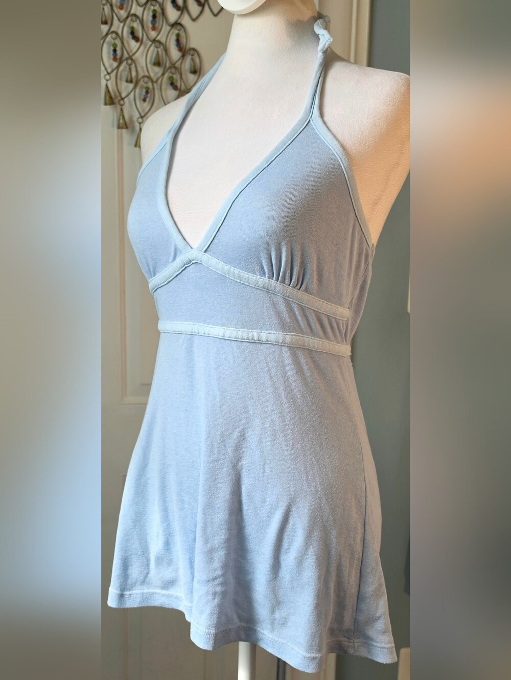 Y2K Vintage FANG Babydoll Empire Waist Halter Top Womens L Powder Blue Flowy